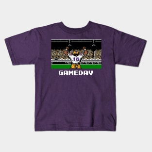 Purple and Gold Football Gameday Retro 8 Bit Linebacker Kids T-Shirt